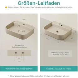 Emke, Waschbecken, Aufsatzwaschbecken, 40 x 50 x 11 cm, Keramik, Rechteck, Abgerundete Ecken R, Mattbeige (500 mm)