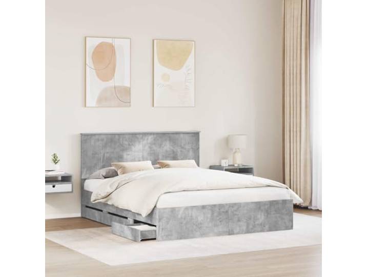 SKTQYQO Bettgestell, grau, Beton, 160 x 200 cm Technisches Holz, selbsttragend, feste Latten, versteckte Schubladen, einfache Wartung