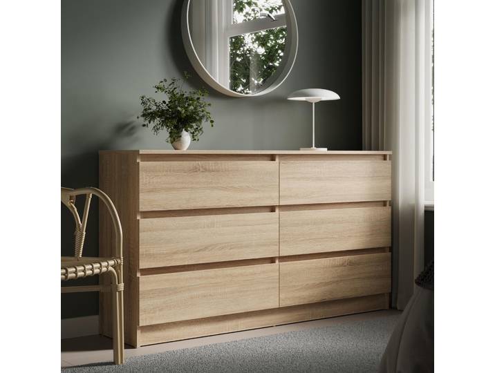 Commode à 6 tiroirs\, largeur 140 cm\, commode en bois Sonoma\, meuble de rangement\, commode à tiroirs\, buffet\, buffet haut\, buffet de cuisine\, chambre à coucher\, salon\, couloir\, bureau\, rangement
