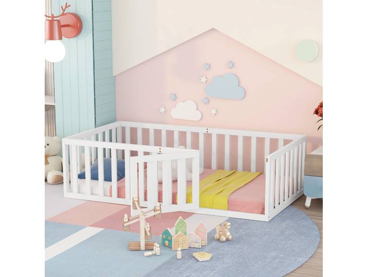 Lit Au Sol Enfant 90x200 Cm\, Lit Sol 90x200\, Lit Pour Enfant\, Avec Barrière Et Porte Ouvrante\, Lit En Bois\, Blanc