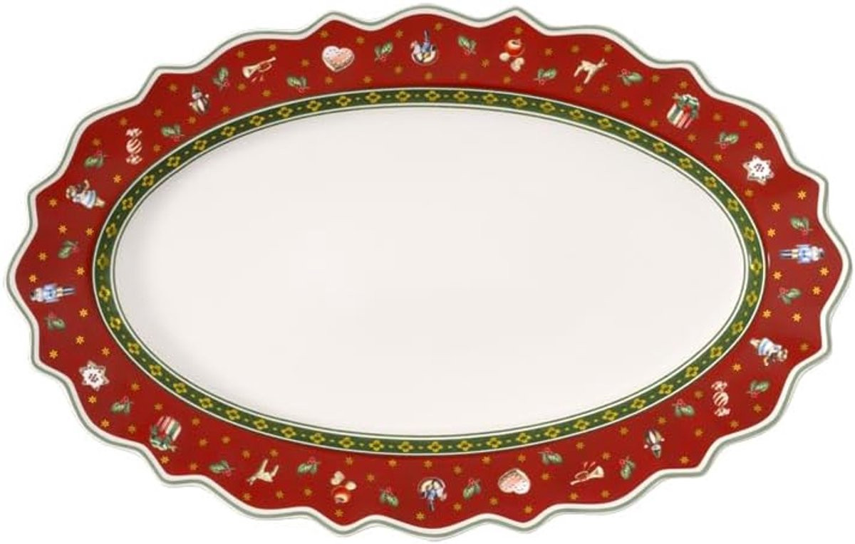 Ovale Kerstschaal met Speels Design - Rood Groen Wit - Porselein