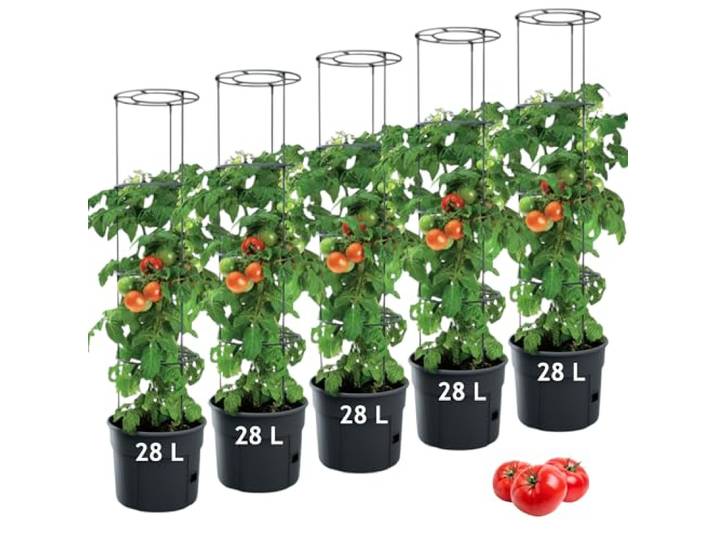 MELTOM Tomatentopf mit Rankhilfe 5er Set 28 L Ø 39,2 cm H 153 cm Schwarz 5 Töpfe à 28 Liter · Ø 39,2 cm · Topfhöhe 31,5 cm · Gesamthöhe mit Rankhilfe 153 cm · Stützringe · Gießöffnung