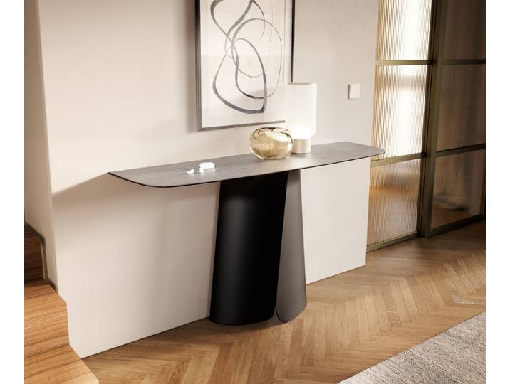 DELIFE Konsolentisch Edge Boot 140x40 cm Keramik Beton Grau Livos Metall Schwarz, Konsolentische