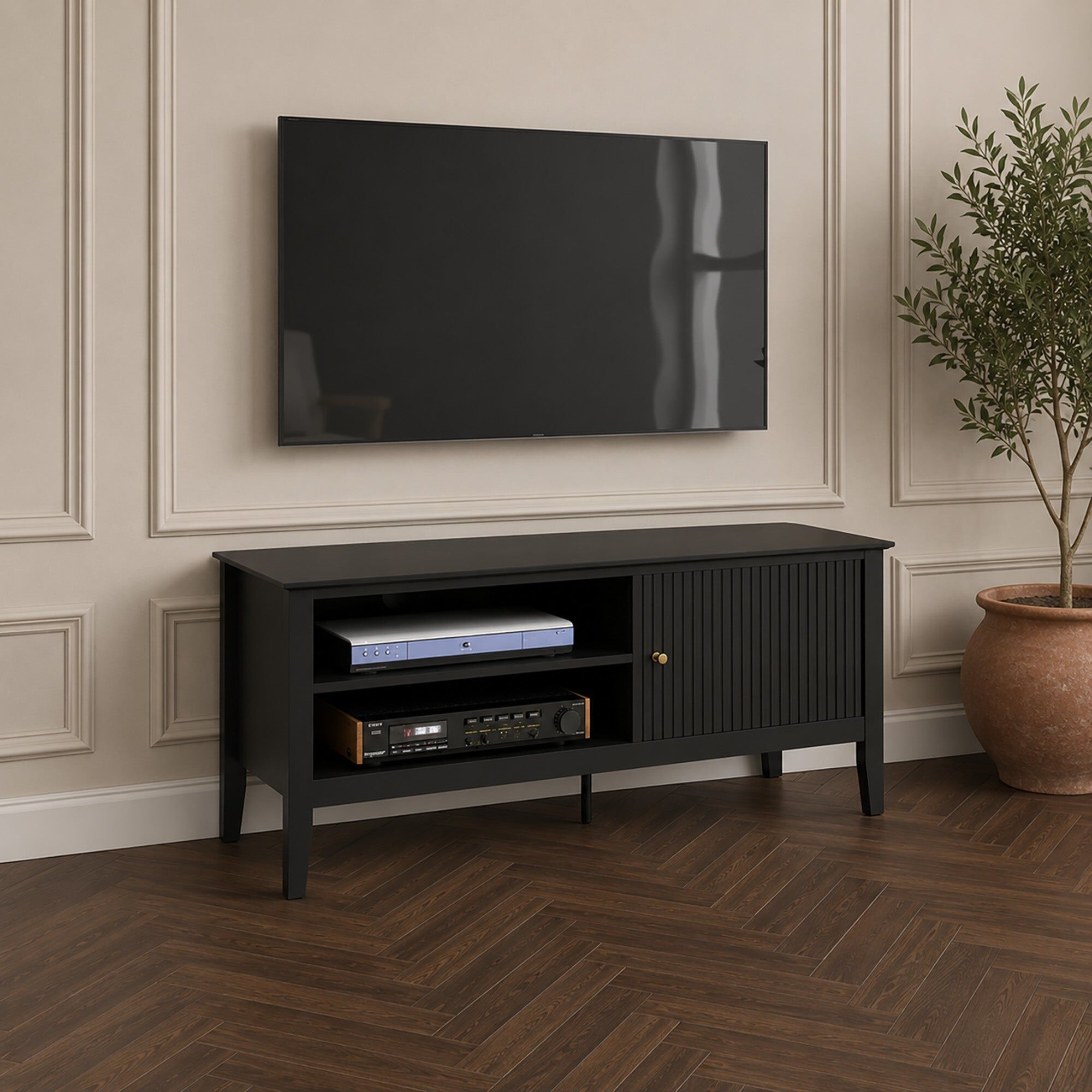 Large Black Wooden Fluted TV Cabinet / Media Unit - 120cm x 50cm (47" TV's) - Hales Black Range Wood, Metal