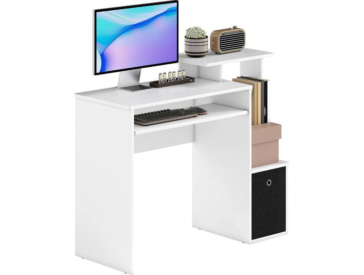 HOMCOM Bureau Informatique multimédia étagères Tablette Clavier Panier Noir Panneaux Particules Blanc