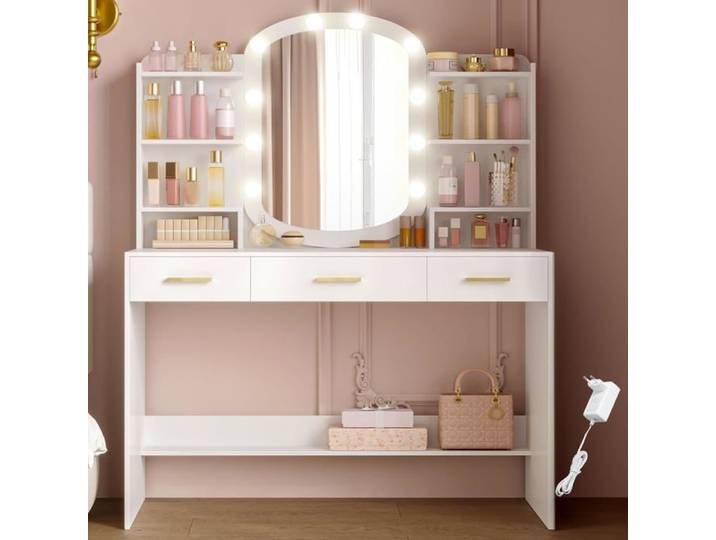 Coiffeuse avec Miroir Ovale Coiffeuse avec Miroir LED à Luminosité Réglable Table de Maquillage 3 Tiroirs avec 6 Étagères Blanc