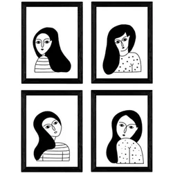 POSTER Set mit 4 „Vier Frauen Brünetten“ Zeichnungen von Frauen A4 Rahmenlos