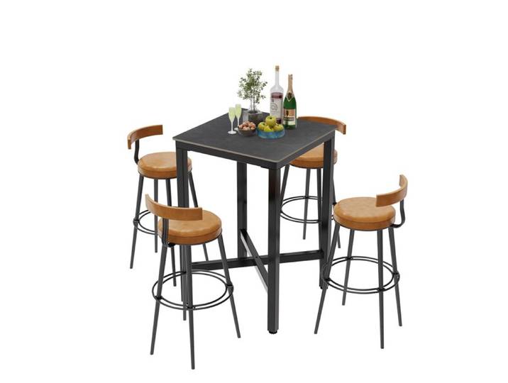 Table Haute de Bar - UNHO - Marbre - 70x70x105cm - 4 Places - Acier Métallique
