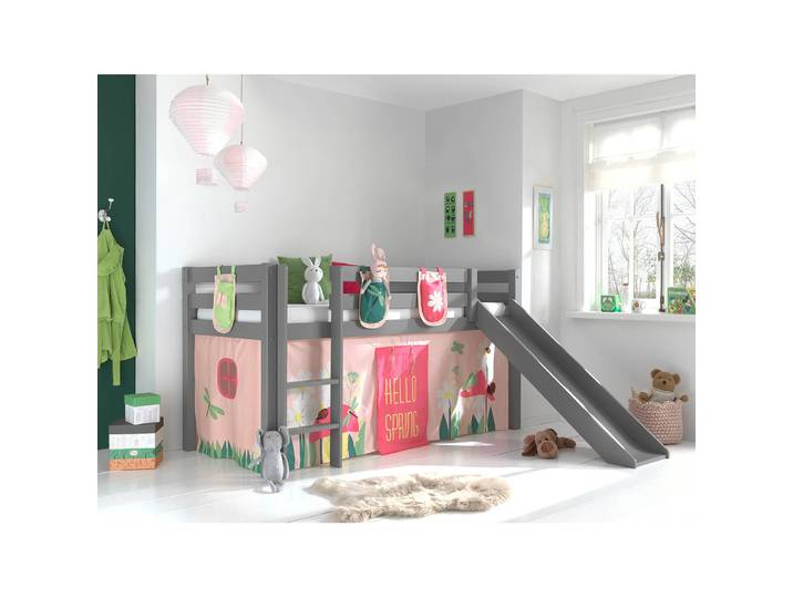 Spielbett Spring 90 x 200cm Grau/Kiefer Grau mit Taschen/mit Rutsche/mit Leiter