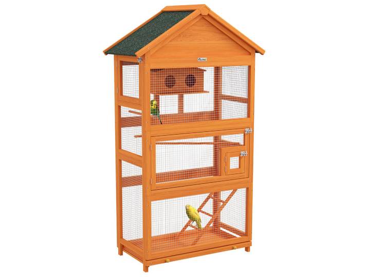 ComfortXL Vogelvoliere De-17824 mit Spielbereich & wasserdichtem Dach Orange, Holz, 52x171x92 cm, Dekoration, Gartendeko