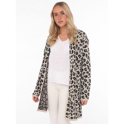 Cardigan ZWILLINGSHERZ "Classic Leo Uni", Damen, Gr. S/M, beige (leo beige), Strick, Obermaterial: 50% Baumwolle, 50% Polyacryl, ca. Mitte Oberschenkel, V-Ausschnitt, Strickjacken, Animal-Muster, Langarm, ohne Verschluss, Midi-Länge