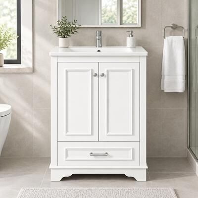 Fundinbaths 24 Inch Bathroom Vanity with Sink, Solid Wood Frame Cabinet with Adjustable Shelf, Ceramic Top, Silver Handles