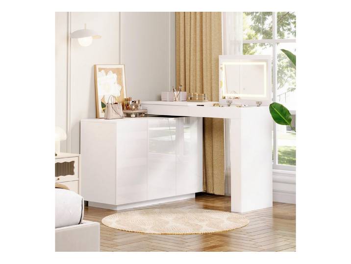 STILVORA Sideboard Drehbarer Schminktisch mit LED Frisiertisch im Hochglanz-Weiß-Design