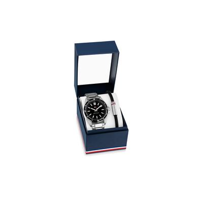 Quarzuhr TOMMY HILFIGER "Gift Set", schwarz (silberfarben, schwarz), Armbanduhren, Herren, silberfarben-schwarz, Quarzuhr, Armbanduhr, Herrenuhr, Edelstahlarmband, Ideal auch als Geschenk