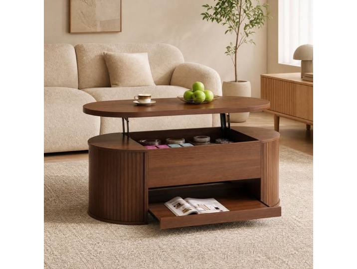 Table basse relevable 110x55 5x40 cm EVRYAE - plateau relevable rangement sous plateau et tablette extensible - Noyer naturel