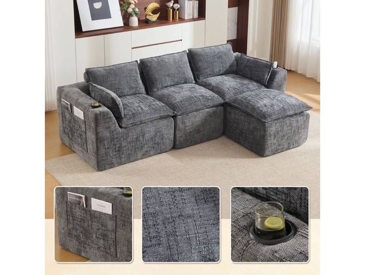 Canapé structure rembourrée revêtement en chenille avec coussins 3 places en mousse pour salon coloris gris