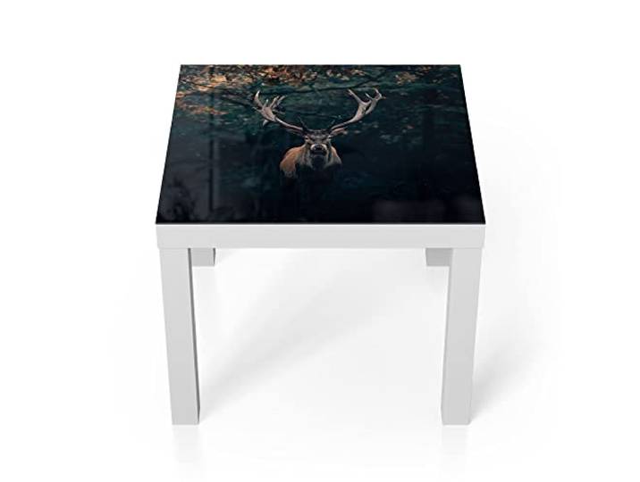 DEQORI Glastisch weiß klein 55x55 cm Motiv Elch im Teutoburger Wald ausgefallener Beistelltisch aus Glas Hochglanz Couchtisch fürs Wohnzimmer moderner Couch Tisch mit Design