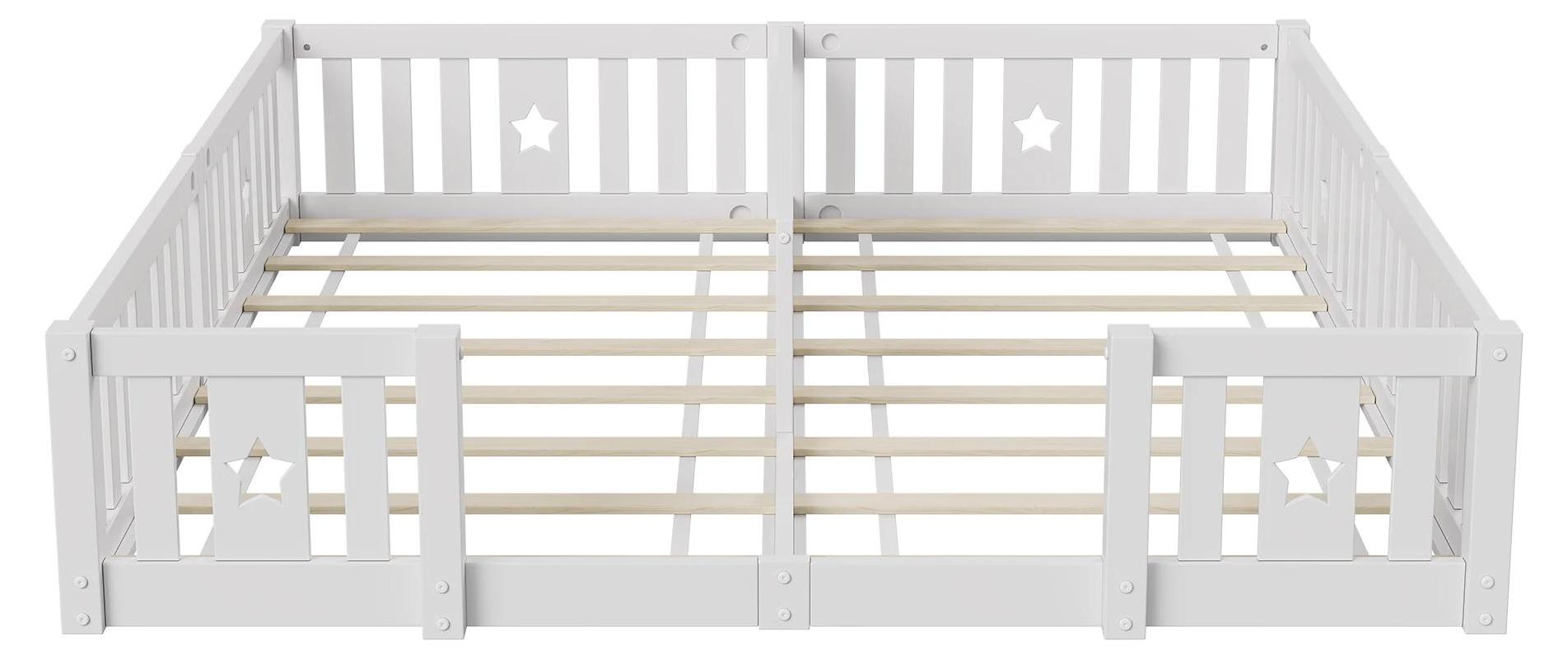 Kinder Bodenbett - Kinderbett 90x200 cm - Kiefernholz mit Lattenrost - Niedriges Montessori Bett mit Rausfallschutz und Tür - Für 2 Kinder - Weiß