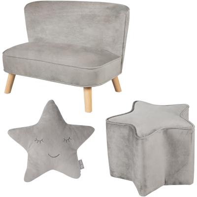 Kindersitzgruppe ROBA "Lil Sofa", grau (silbergrau), Sitzmöbel-Sets, Kinder, Samt, bestehend aus Kindersofa, Kinderhocker und Dekokissen in Sternform