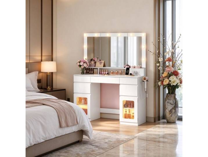 Coiffeuse avec miroir - Coiffeuse avec de nombreux rangements coiffeuse LED avec miroir coin coiffeuse cosy pour chambre Blanc