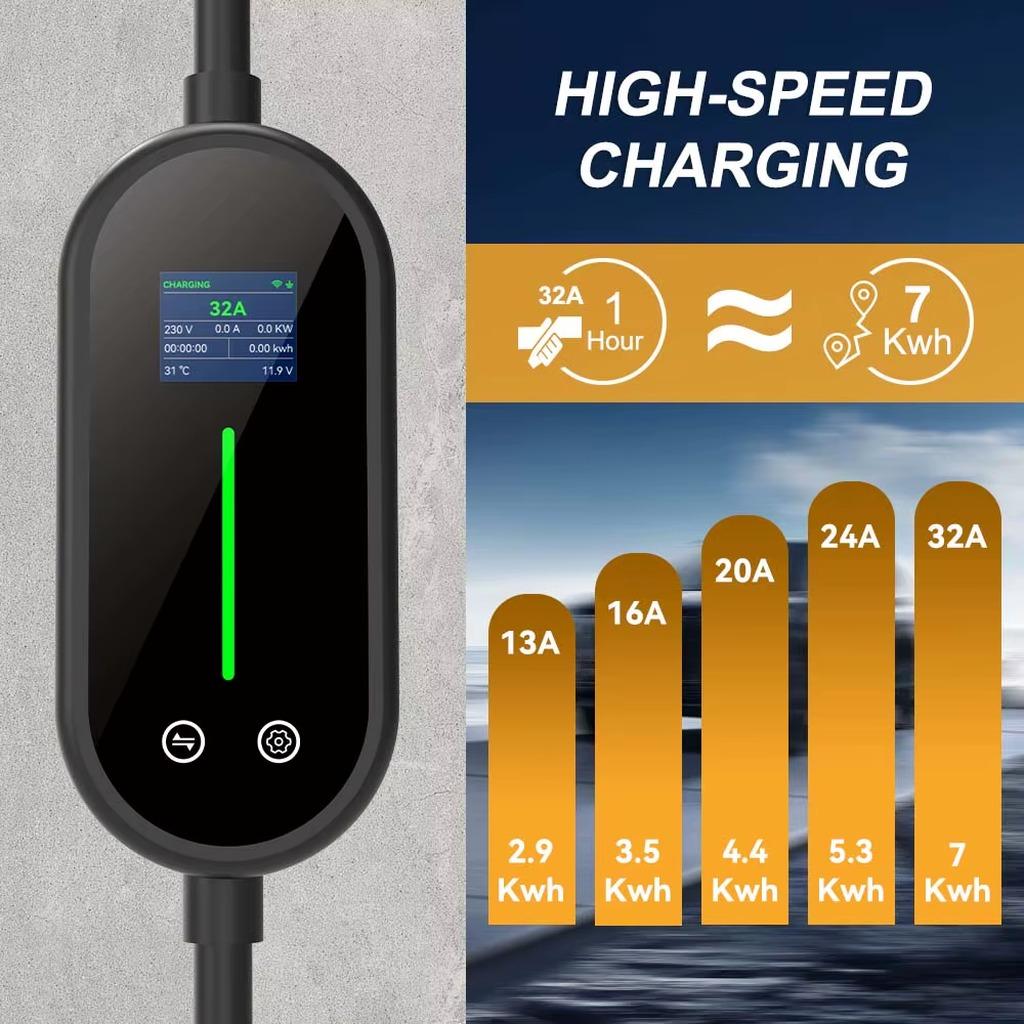 Elektroauto-Ladegerät - Typ 2 32 A einphasig - 7 kW - Einstellbarer Ladestrom - WLAN/App-Steuerung - 5-m-Kabel - IP65 - LCD-Display