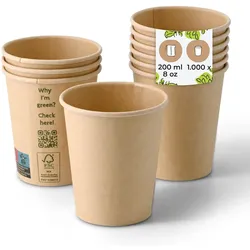 BIOZOYG 1000 Stück Einwegbecher 200ml / 8oz Pappbecher, Kaffeebecher, ungebleicht, ökologisch, kompostierbar, umweltschonend für Coffee to Go