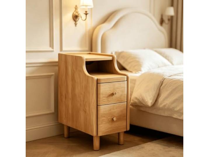 kumamart Nachttisch aus Massivholz, Schmaler Beistelltisch für Schlafzimmer Kompakter Massivholz Beistelltisch mit dreistufigem Stauraum für Schlafzimmer.(Wood,7.87in)