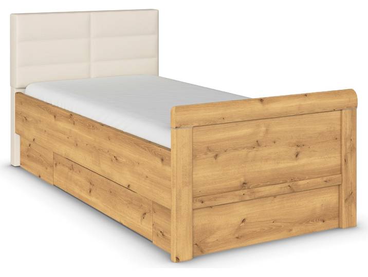 Stauraumbett RAUCH Bett Einzelbett Stollenbett Bettkästen EVELYN , braun (asteiche), B:109cm H:100cm L:214cm, Betten, Stauraumbett, in Komforthöhe mit Polsterkopfteil sowie Schubladen MADE IN GERMANY
