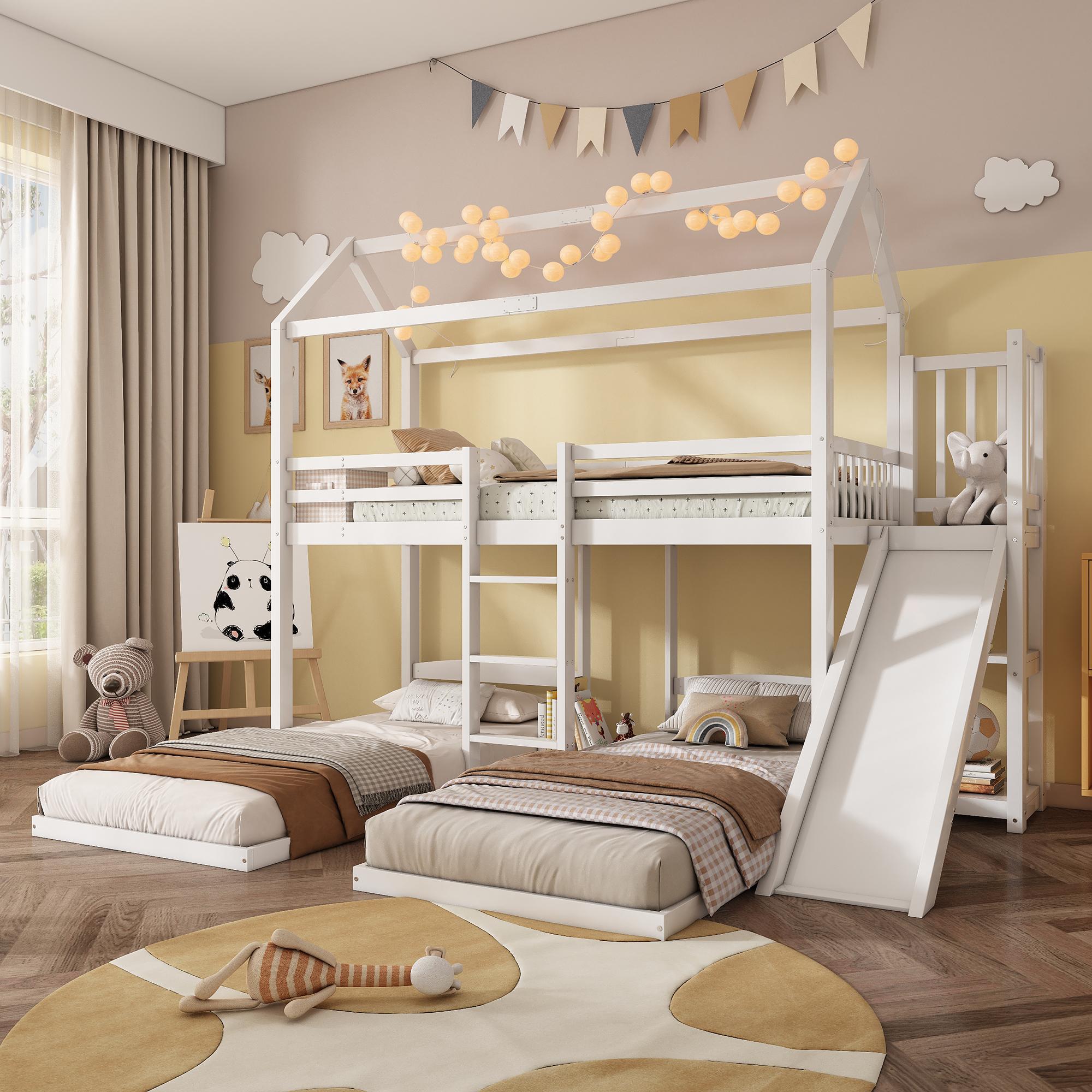 Merax Etagenbett 90x200cm mit Rausfallschutz, Hochbett mit Leiter und Rutsche, Kinderbett mit Ablage, Kieferholzbett Jugendbett Stockbett, Weiß