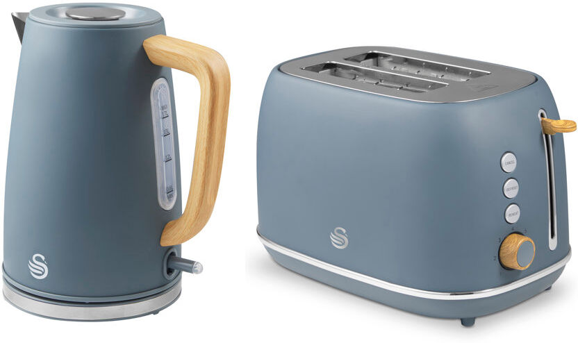 Swan Fjord Kitchen Set, 1.7L Rapid Boil Kettle with Wood Effect Handle and 800W 2-Slice Toaster with 7 Browning Levels Grey 1.7L