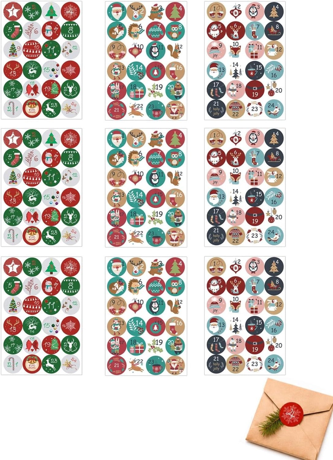 9 vellen zelfklevende cijferstickers 1-24 voor kerst adventskalender en cadeauzakjes