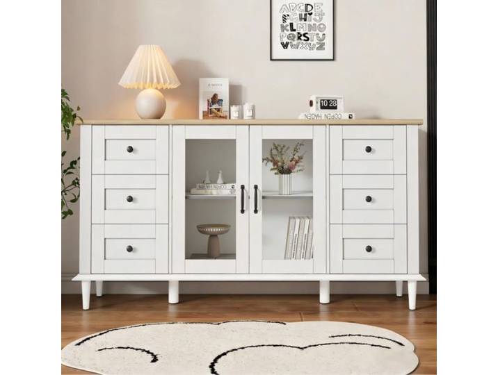 Buffet de rangement spacieux 6 tiroirs 2 portes acrylique éclairage LED blanc et bois 150x40x75 cm blanc BUFFET