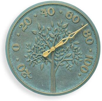 Woodland Tree Outdoor Wall Clock & Thermometer - Thermometer, Verdigris/Thermometer - Grandin Road