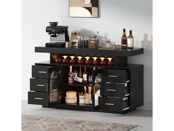 Buffet de Cuisine - 140x40x82 cm - Meuble Bar avec Éclairage LED RGB 6 Tiroirs 2 Portes en Verre et Étagère Ouverte - Noir