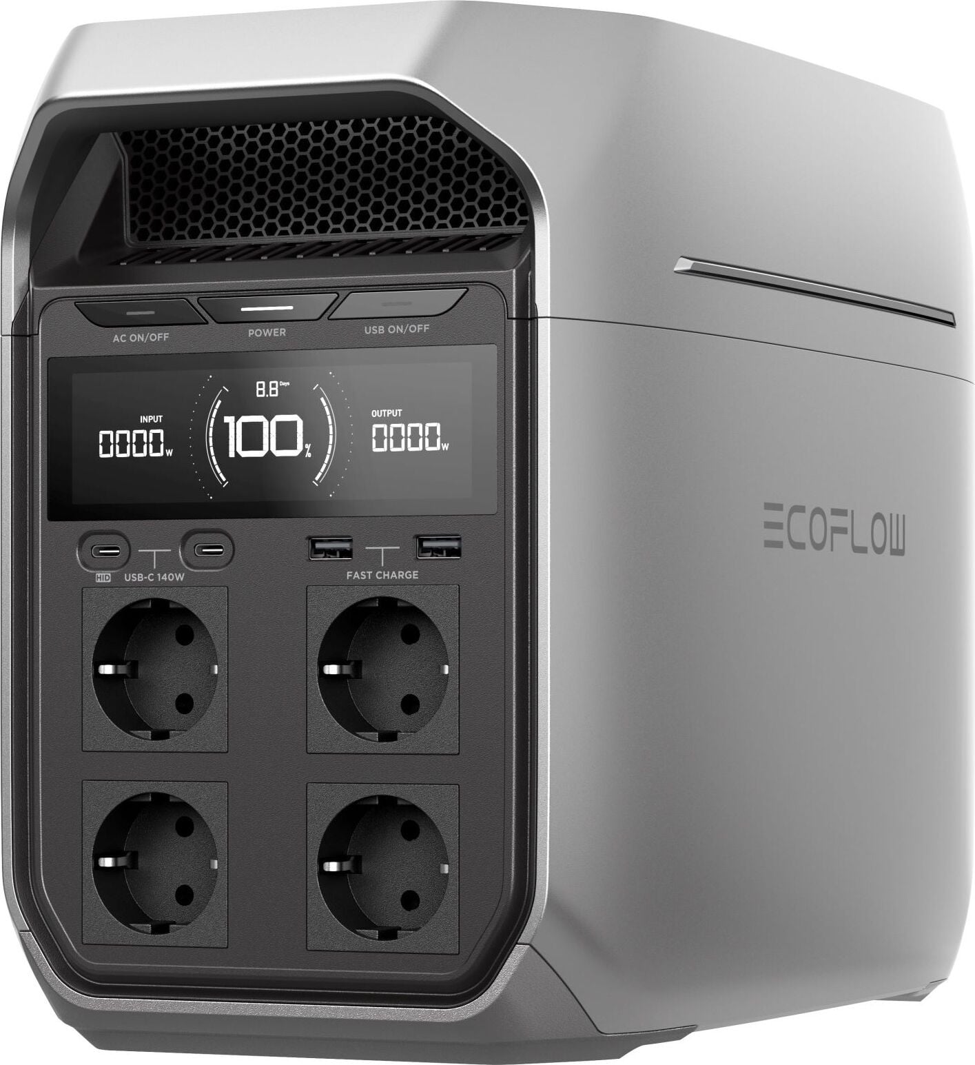 EcoFlow Delta 3 Plus Powerstation, 1024 Wh, Grijs/Zilver, met 4 AC- en 4 USB-uitgangen