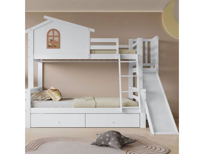 Lit superposé enfant - SOGEU - Lit superposé cabane - 90x200 - Pin massif & MDF - Toboggan et tiroirs