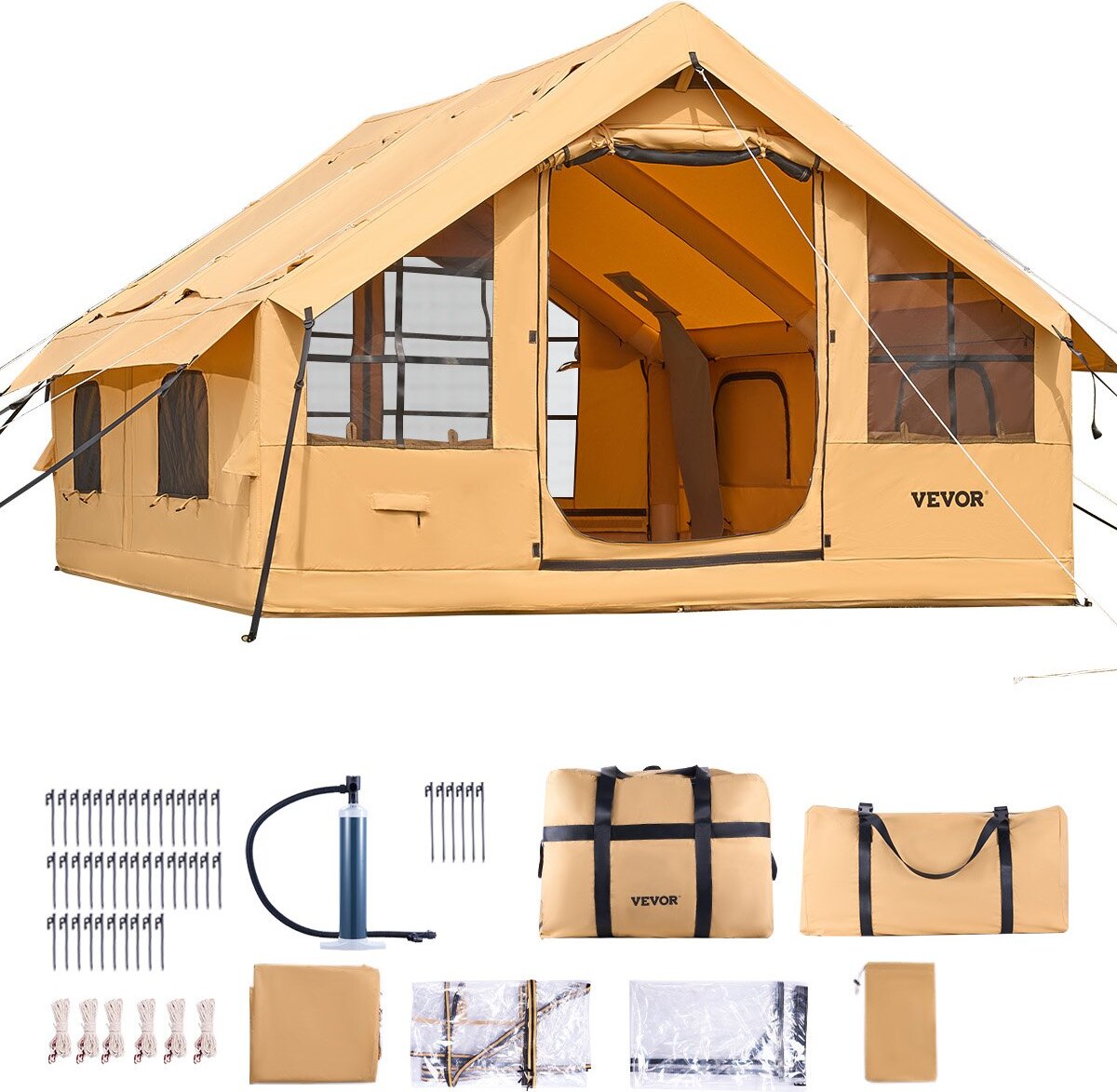 Aufblasbares Zelt für Camping, 5-8 Personen Zelt mit Handpumpe, 4x3x2,2 m Glamping-Zelt mit 2 Oberlichtern, Baldachin, Ofenanschluss, 2 Türen, Netzfenstern & Aufbewahrungstasche