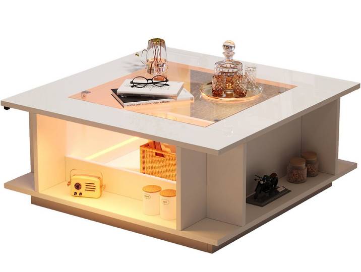 SeedWave Couchtisch Quadratischer Sofatisch mit Glastischplatte im Hochglanz, LED-Licht, 70cm Wohnzimmertisch mit offenen Fächern