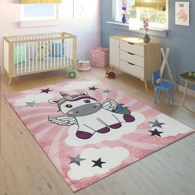 Paco Home Kids Play Rug for Girls Baby Unicorn in pink white Pastel Colors