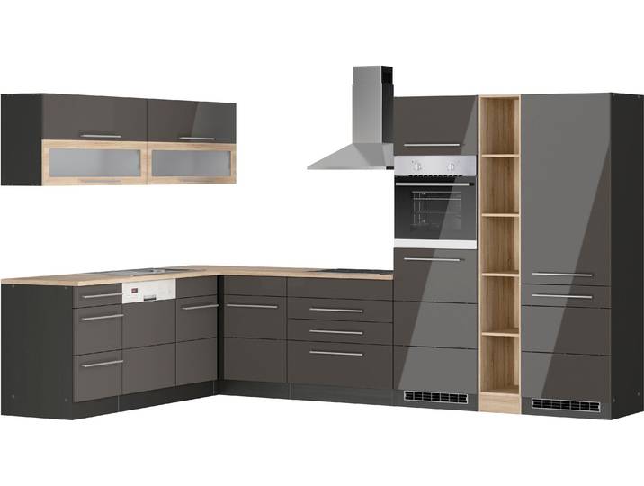 Winkelküche, Grau, 220x340 cm, Spanplatte & MDF, Komplettküche, Modern