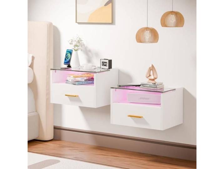PIPIPOXER Lot de 2 Tables de Chevet murales - Table de Nuit avec Prise et Bande Lumineuse LED - 1 tiroir et 1 Compartiment - Blanc