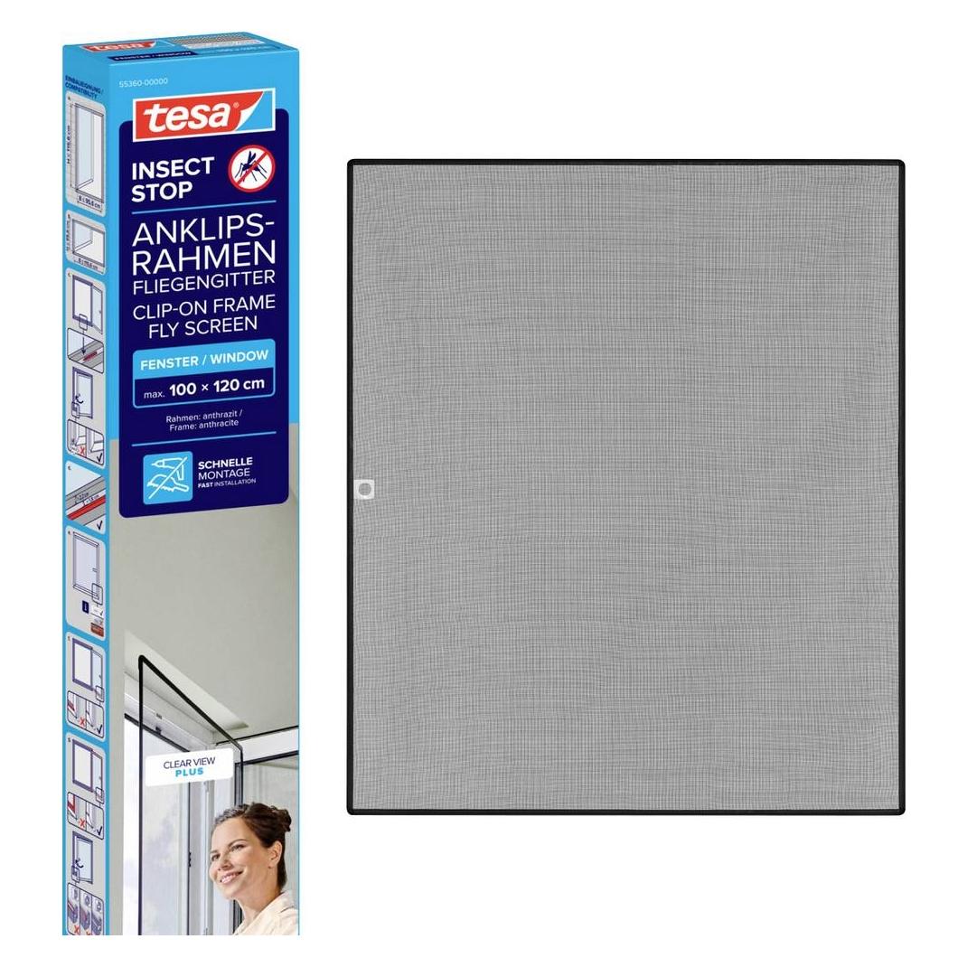 tesa CLIP-ON Insektenschutz mit Anklipsrahmen für Fenster, zuschneidbarer Rahmen, ohne Bohren (100 x 120 cm) (55360-00000-00)