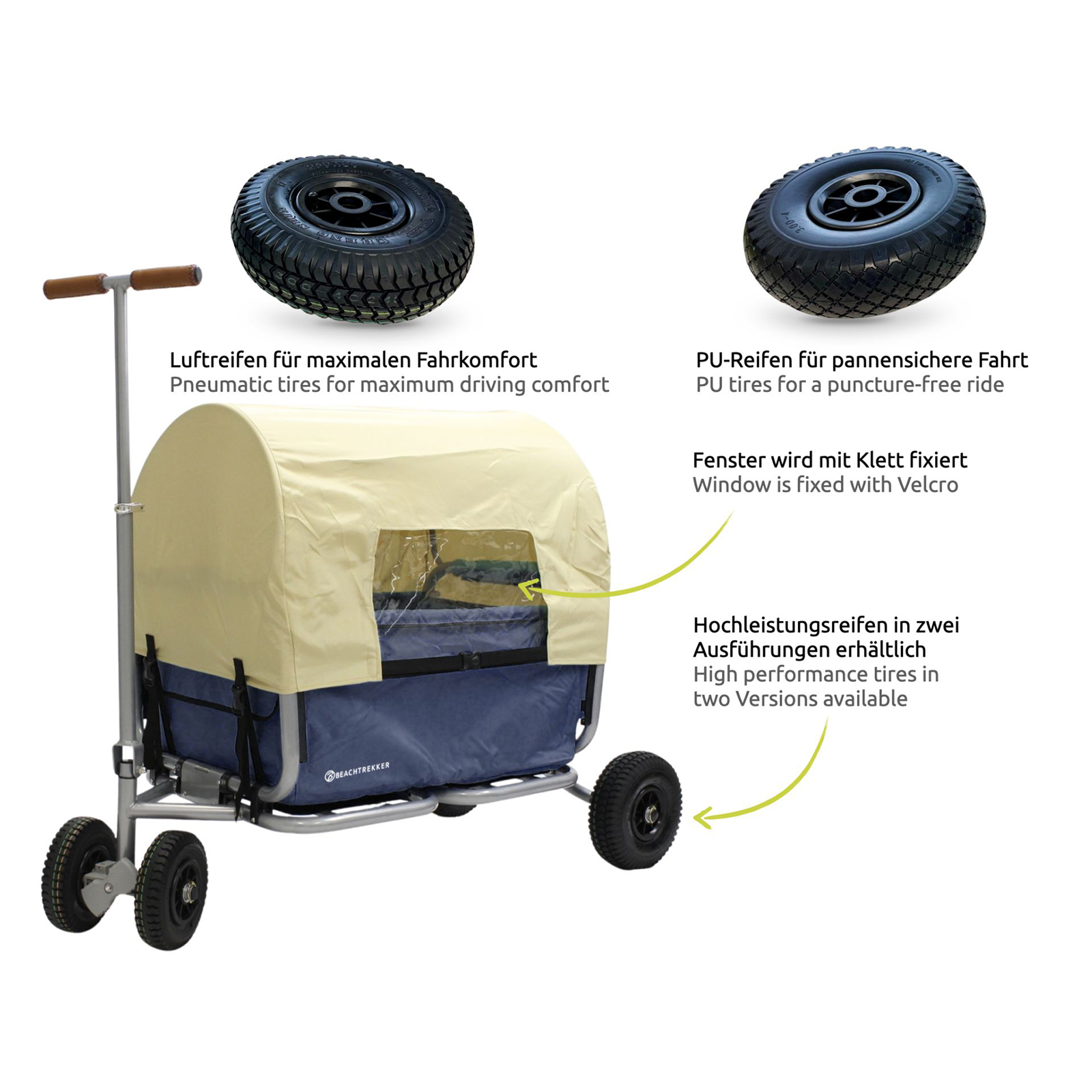 Beachtrekker faltbarer Bollerwagen Life mit integrierter Feststellbremse und Sonnenverdeck Blau und Luftreifen