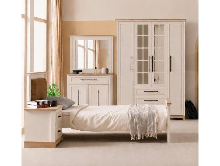 JVmoebel Jugendzimmer-Set Einzelbett Holzbett Beige Jugendbett Modern Landhaus Kopfteil Komfort, (Jugendzimmer-Set, 4-tlg., 4-tlg)