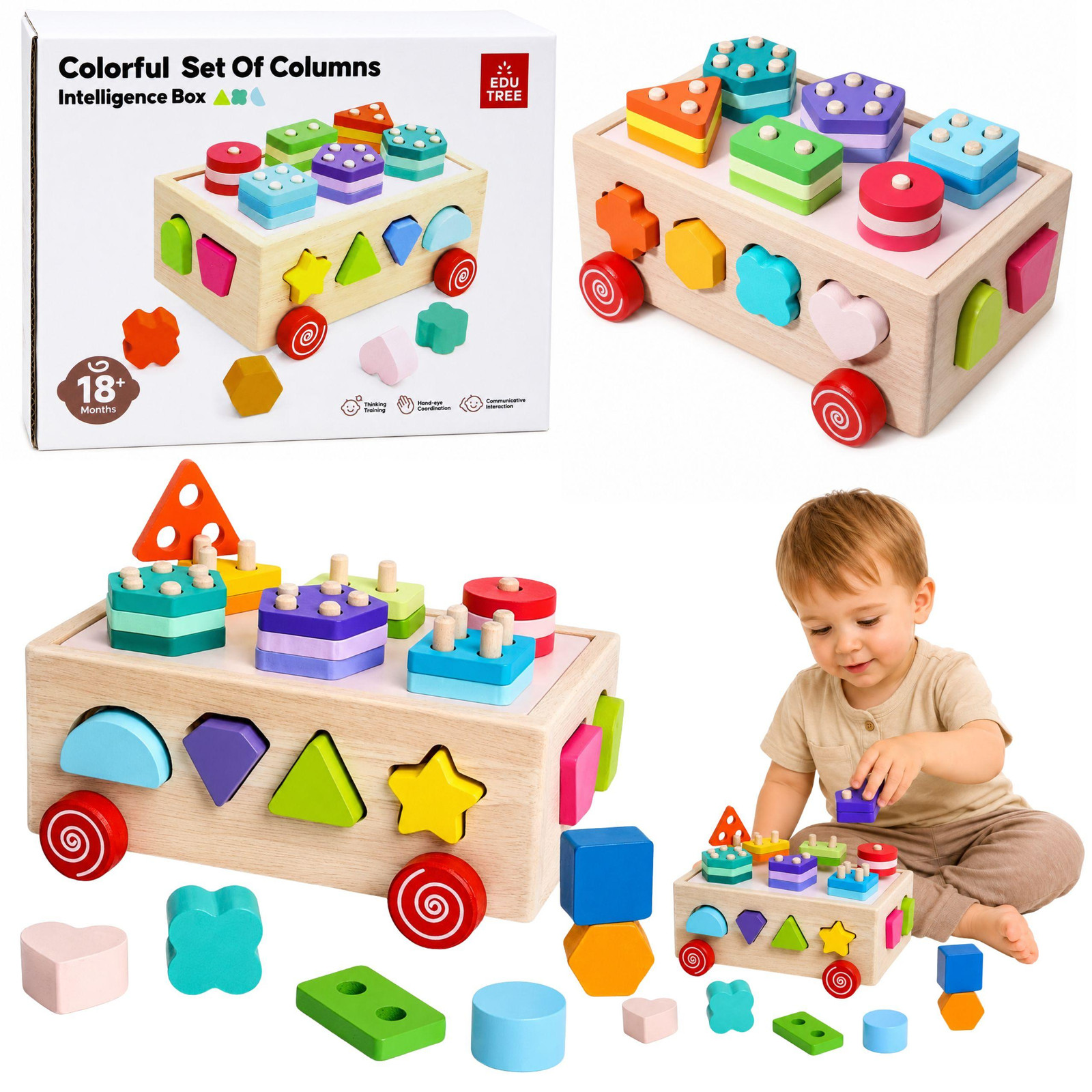 Lean Toys Houten Montessori educatieve sorteerder op wielen met vormen en cijfers