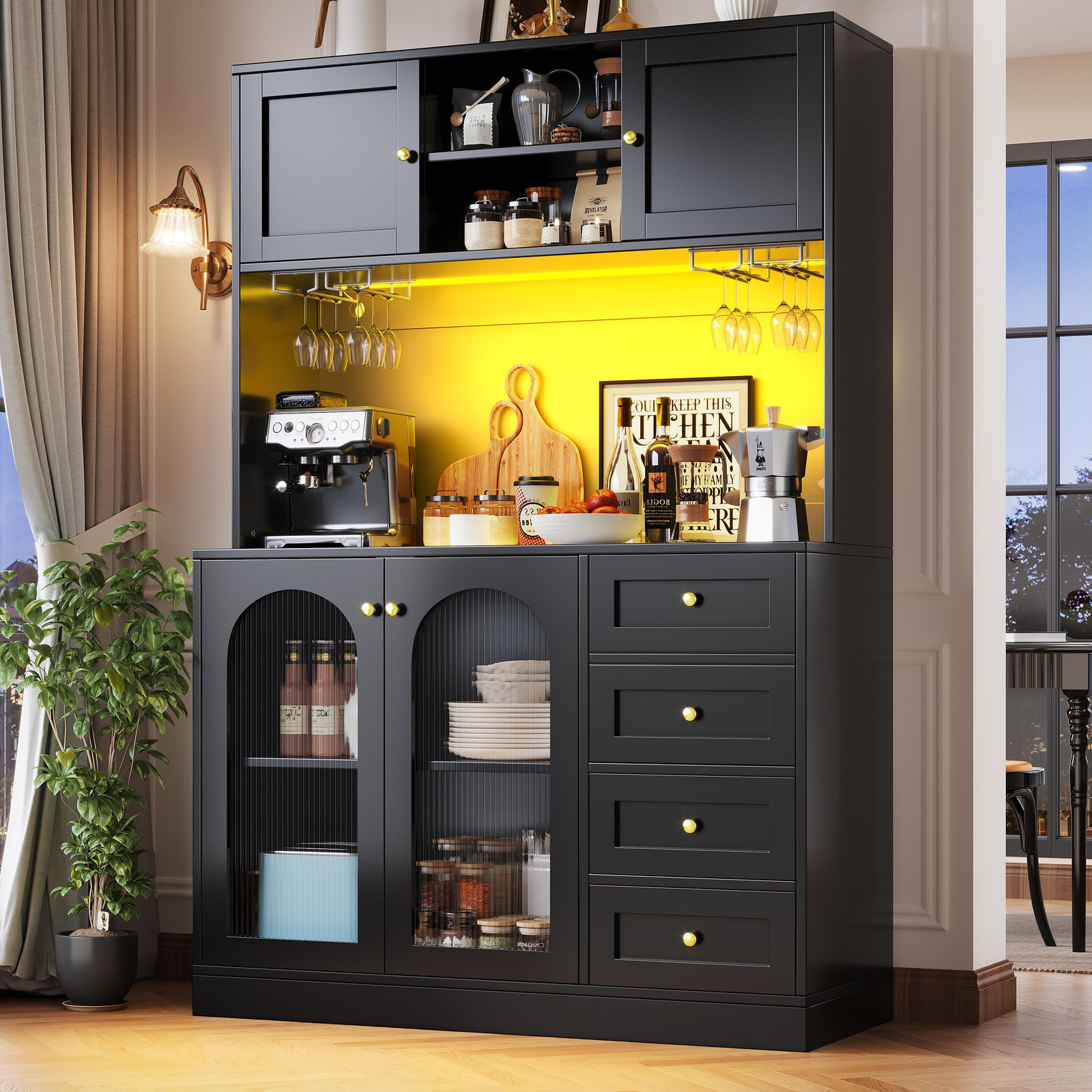 OKWISH Hoge keukenkast met LED-verlichting, lades en vier deuren, zwart