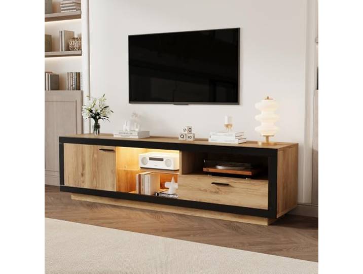 BTM LED TV-Schrank mit Glasböden & App-Steuerung 160x40cm Lowboard für 70-Zoll-Fernseher Gaming Media Center Schwarz+Eiche, 50kg Tragkraft
