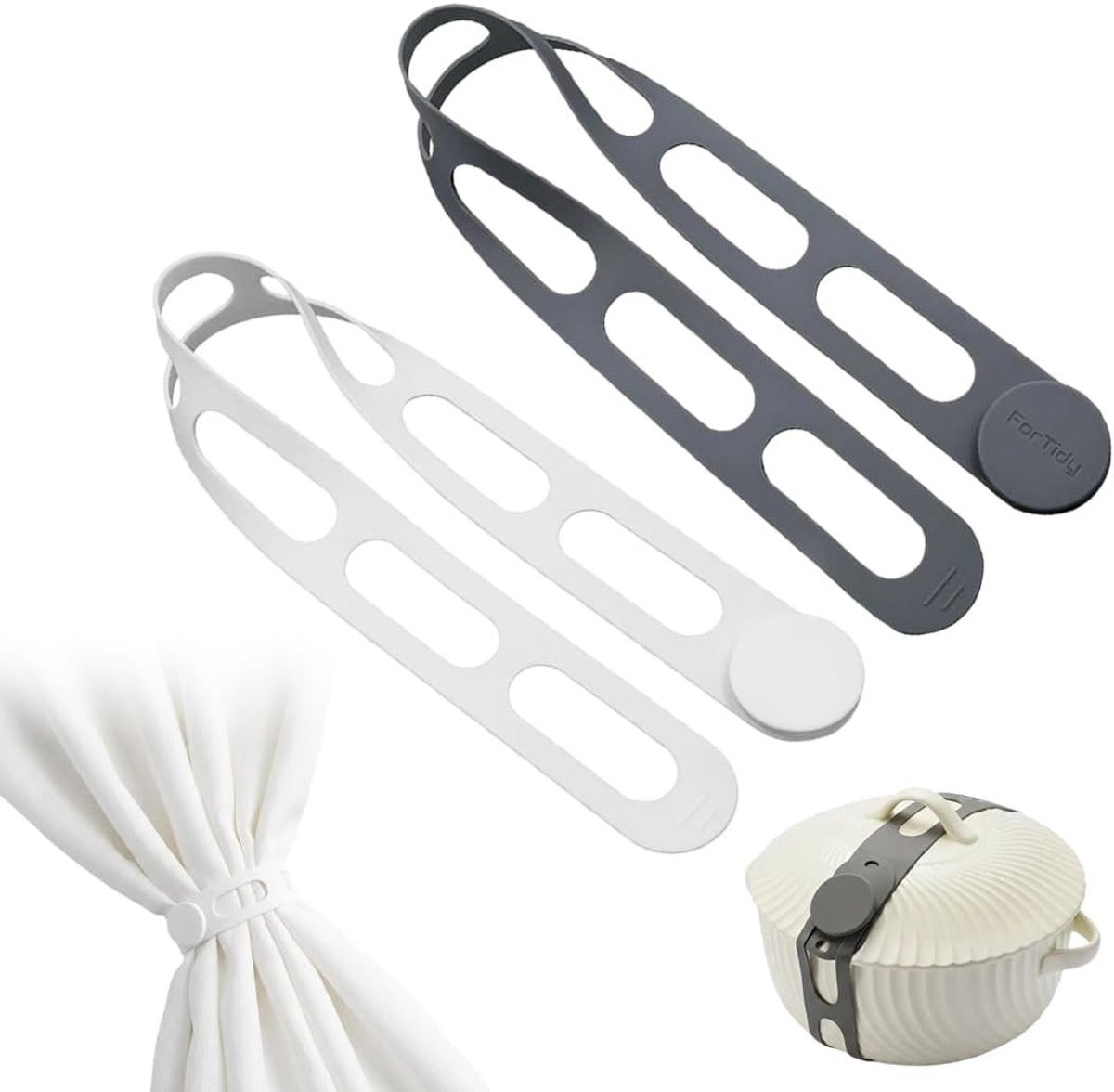 Set van 2 veelzijdige silicone gordijnhouders, potdeksels en kabelorganizers