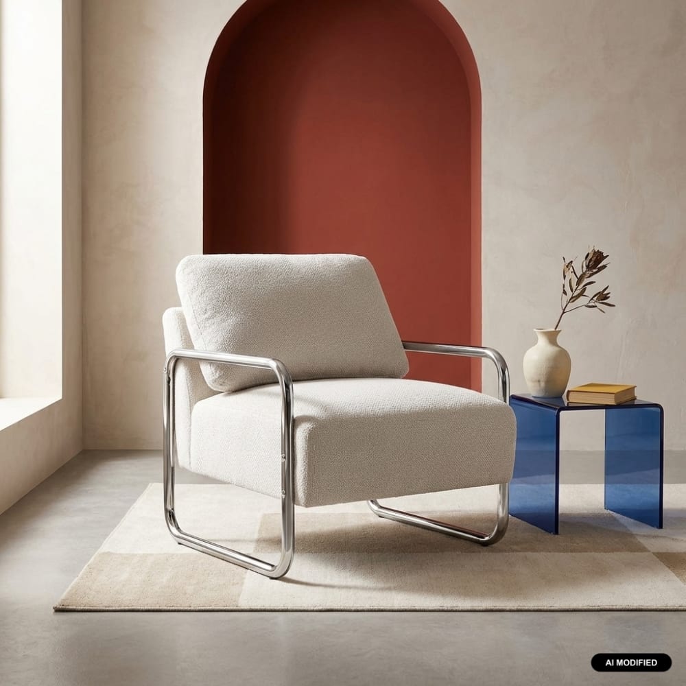 sweeek Fauteuil vintage tissu chenille armature chromée blanc cassé Blanc 72x80x80cm
