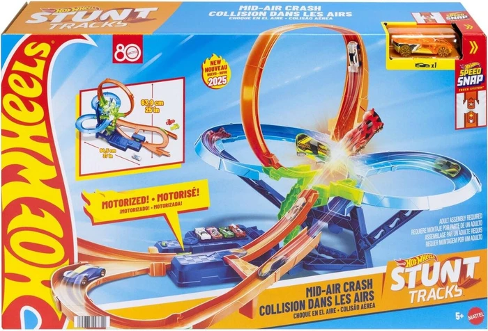 Hot Wheels Stunt Tracks Airborne Kollisionsschiene und Matchbox Auto, Booster